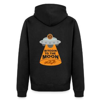 Satoshi Nakamoto Bitcoin BTC Design - Unisex Premium Bio Zip Hoodie - Schwarz - Hinten - Nico (187cm)