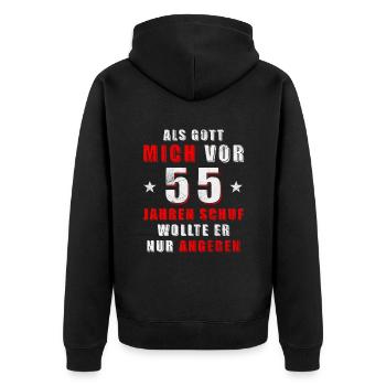 Als Gott mich vor 55 Jahren schuf - Unisex Premium Bio Zip Hoodie - Schwarz - Hinten - Nico (187cm)
