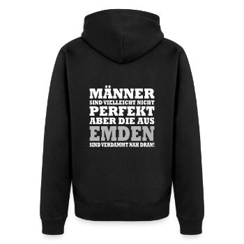 Männer perfekt aus Emden - Unisex Premium Bio Zip Hoodie - Schwarz - Hinten - Nico (187cm)