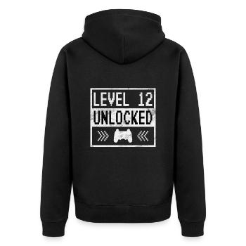 Gamer Gaming Level 12 Unlocked - Unisex Premium Bio Zip Hoodie - Schwarz - Hinten - Nico (187cm)