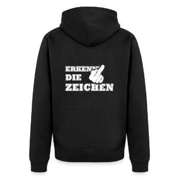 Erkenne die Zeichen Damen Mittelfinger - Unisex Premium Bio Zip Hoodie - Schwarz - Hinten - Nico (187cm)