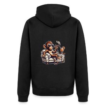 Affe entspannt sich im Sessel - Unisex Premium Bio Zip Hoodie - Schwarz - Hinten - Nico (187cm)
