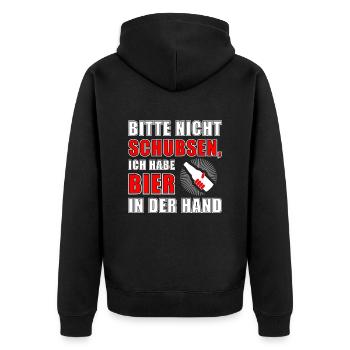 Bitte nicht schubsen Ich habe Bier in der Hand - Unisex Premium Bio Zip Hoodie - Schwarz - Hinten - Nico (187cm)