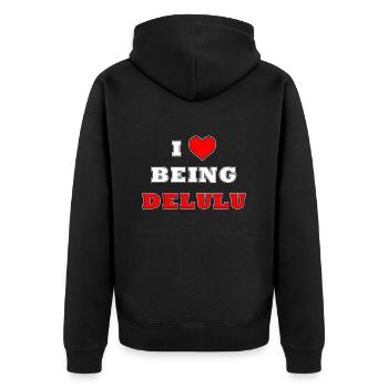 ICH LIEBE ES, DELULU ZU SEIN - Unisex Premium Bio Zip Hoodie - Schwarz - Hinten - Nico (187cm)