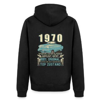 Baujahr 1970 Geboren, Geburtstag Jahrgang 1970 - Unisex Premium Bio Zip Hoodie - Schwarz - Hinten - Nico (187cm)