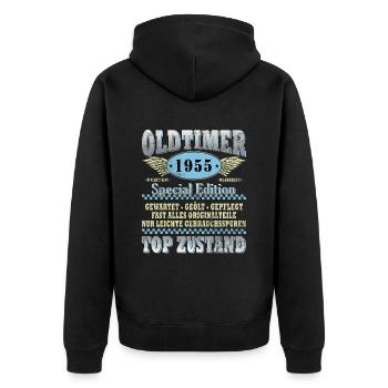 70. Geburtstag Oldtimer Jahrgang 1955 70 Jahre - Unisex Premium Bio Zip Hoodie - Schwarz - Hinten - Nico (187cm)