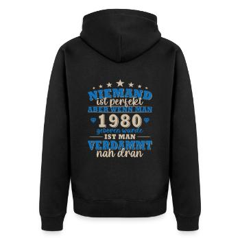 Geboren 1985,Geburtstagsgeschenk,Geburtsjahr - Unisex Premium Bio Zip Hoodie - Schwarz - Hinten - Nico (187cm)