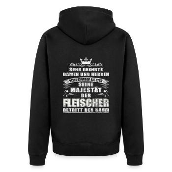 Seine Majestät der Fleischer betritt den Raum - Unisex Premium Bio Zip Hoodie - Schwarz - Hinten - Nico (187cm)