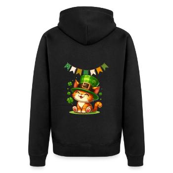 Cat St Patrick Ireland Irish Shamrock Luck Fun - Unisex Premium Organic Zip Hoodie - black - Back - Nico (187cm)
