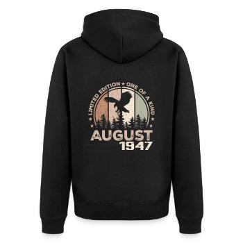 Incomparable depuis août 1947, 77e Anniversaire - Veste à capuche bio Premium Unisexe - noir - Dos - Nico (187cm)