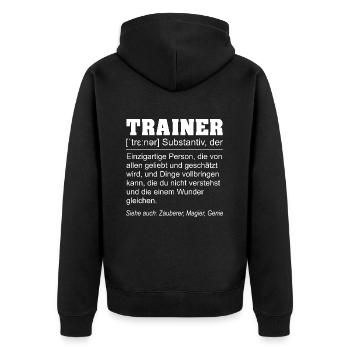 Trainer Definition Schrift weiss - Unisex Premium Bio Zip Hoodie - Schwarz - Hinten - Nico (187cm)