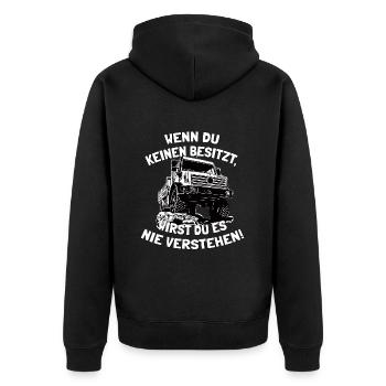 Unimog 437 - Offroad - Universal Motorgerät - Unisex Premium Bio Zip Hoodie - Schwarz - Hinten - Nico (187cm)