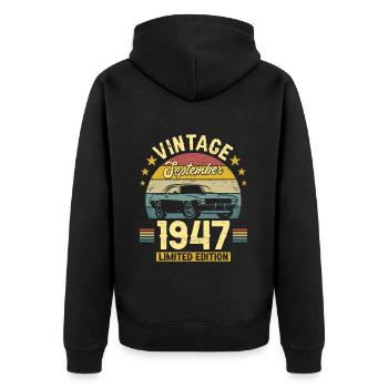 Vintage September 1947 75 years anniversary - Unisex Premium Organic Zip Hoodie - black - Back - Nico (187cm)