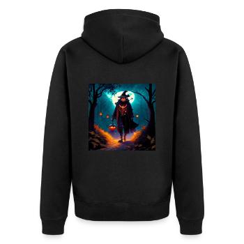 Kürbiskopfmann im düsteren Wald - Unisex Premium Bio Zip Hoodie - Schwarz - Hinten - Nico (187cm)