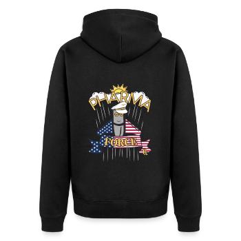 Apotheke USA Pharma Force - Unisex Premium Bio Zip Hoodie - Schwarz - Hinten - Nico (187cm)