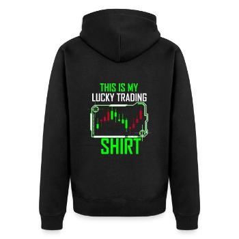 Trading Geld - Unisex Premium Bio Zip Hoodie - Schwarz - Hinten - Nico (187cm)