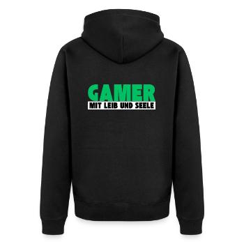Gamer mit Leib und Seele - Unisex Premium Bio Zip Hoodie - Schwarz - Hinten - Nico (187cm)