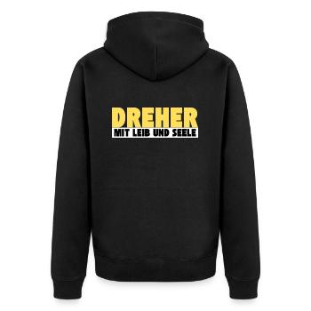 Dreher mit Leib und Seele - Unisex Premium Bio Zip Hoodie - Schwarz - Hinten - Nico (187cm)