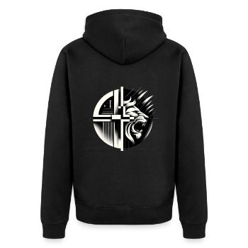 Monochrome Majesty: Geometrischer Löwe - Unisex Premium Bio Zip Hoodie - Schwarz - Hinten - Nico (187cm)