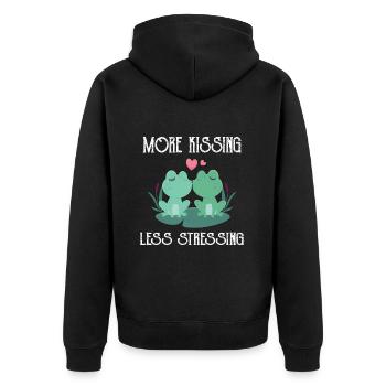More kissing less stressing fun küssende Frösche - Unisex Premium Bio Zip Hoodie - Schwarz - Hinten - Nico (187cm)