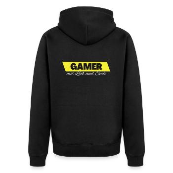 Gamer mit Leib und Seele - Unisex Premium Bio Zip Hoodie - Schwarz - Hinten - Nico (187cm)