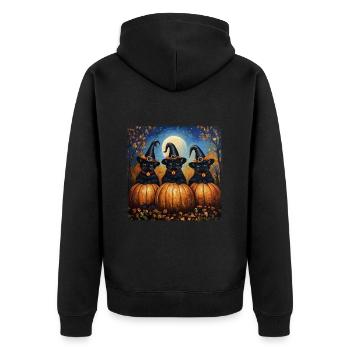 schwarze Katzen mit Kürbissen Halloween Herbst - Unisex Premium Bio Zip Hoodie - Schwarz - Hinten - Nico (187cm)
