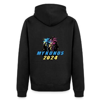 Mykonos 2024 Urlaub Palmen Bunt - Unisex Premium Bio Zip Hoodie - Schwarz - Hinten - Nico (187cm)