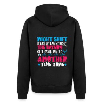 Night Shift is like jet lag - Unisex Premium Bio Zip Hoodie - Schwarz - Hinten - Nico (187cm)