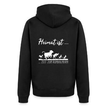 Heimat ist ... Zeit zum rumdölmern - Unisex Premium Bio Zip Hoodie - Schwarz - Hinten - Nico (187cm)