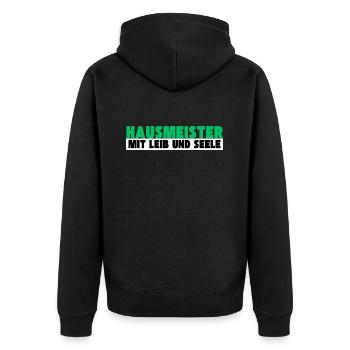 Hausmeister mit Leib und Seele - Unisex Premium Bio Zip Hoodie - Schwarz - Hinten - Nico (187cm)