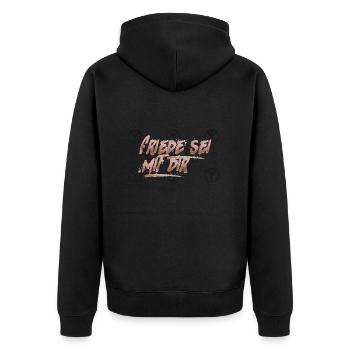 Friede sei mit dir - Unisex Premium Bio Zip Hoodie - Schwarz - Hinten - Nico (187cm)