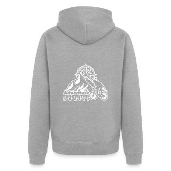 Das Abenteuer erwartet Dich - Adventure Awaits - Unisex Premium Bio Zip Hoodie - Grau meliert - Hinten - Nico (187cm)