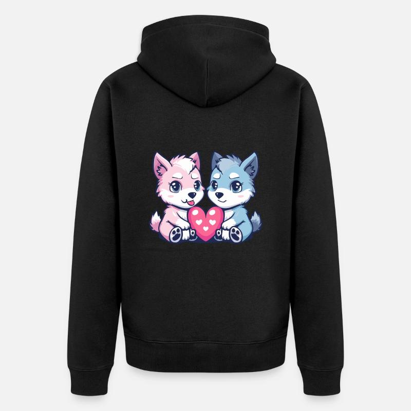 Wolf Comic Paar Liebe - Unisex Premium Bio Zip Hoodie - Schwarz