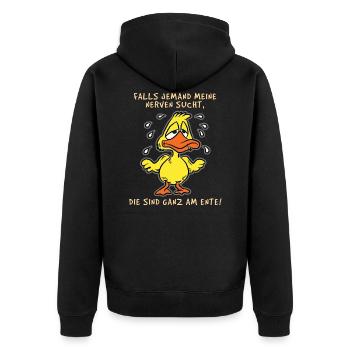 Cooles Enten Wortspiel Shirt - Unisex Premium Bio Zip Hoodie - Schwarz - Hinten - Nico (187cm)