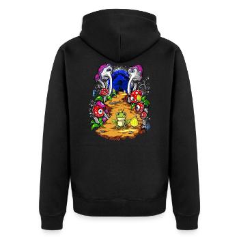 Psychedelischer Pilz-Reisewald der magischen Pilze - Unisex Premium Bio Zip Hoodie - Schwarz - Hinten - Nico (187cm)