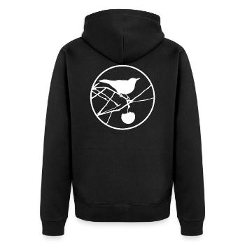 Amsel im Baum | Amsel mit Apfel - Unisex Premium Bio Zip Hoodie - Schwarz - Hinten - Nico (187cm)