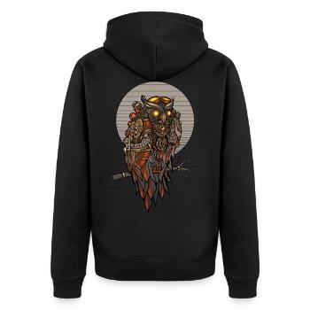 Steampunk Eule in farbig mechanisch geometrisch - Unisex Premium Bio Zip Hoodie - Schwarz - Hinten - Nico (187cm)