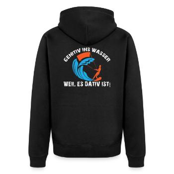 GENITIV INS WASSER WEIL ES DATIV IST - Unisex Premium Bio Zip Hoodie - Schwarz - Hinten - Nico (187cm)