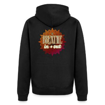 Yoga-Motiv „Breathe in + out“ - Unisex Premium Bio Zip Hoodie - Schwarz - Hinten - Nico (187cm)