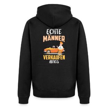ECHTE MÄNNER VERKAUFEN AUTOS - Unisex Premium Bio Zip Hoodie - Schwarz - Hinten - Nico (187cm)