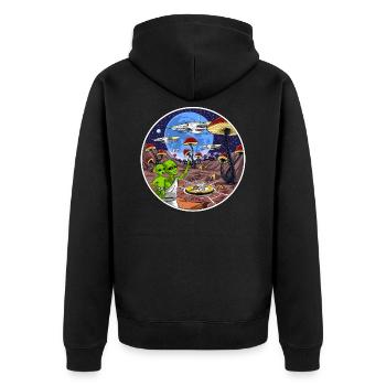Psychedelische Alien Magic Mushrooms - Unisex Premium Bio Zip Hoodie - Schwarz - Hinten - Nico (187cm)