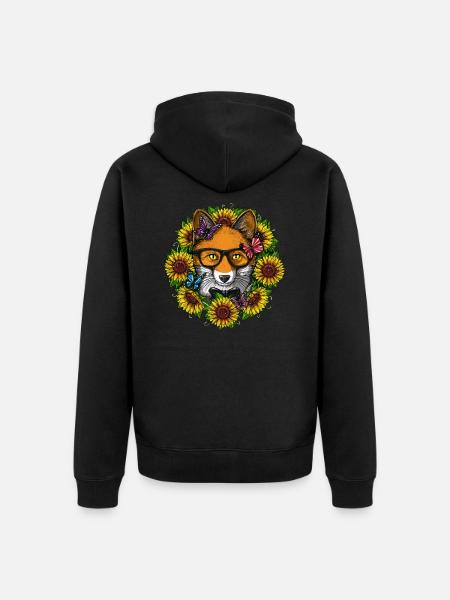 Fox Hippie Sunflowers - Unisex Premium Organic Zip Hoodie - black