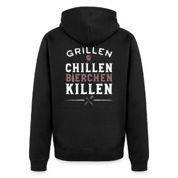 Grillen Chillen Bierchen Killen - Grillen Bier - Unisex Premium Bio Zip Hoodie - Schwarz - Hinten - Nico (187cm)