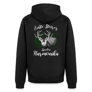 Echte Steierer spielen Harmonika steirische Steier - Unisex Premium Bio Zip Hoodie - Schwarz - Hinten - Nico (187cm)