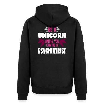 Pferd mit Horn oder Psychiater - Unisex Premium Bio Zip Hoodie - Schwarz - Hinten - Nico (187cm)