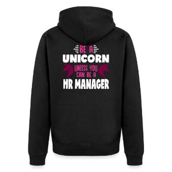 Pferd mit Horn oder HR Manager - Unisex Premium Bio Zip Hoodie - Schwarz - Hinten - Nico (187cm)