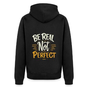 Sei echt, nicht perfekt: Deine Authentizität zählt - Unisex Premium Bio Zip Hoodie - Schwarz - Hinten - Nico (187cm)