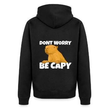 Don't worry be capy, the funny capybara - Unisex Premium Organic Zip Hoodie - black - Back - Nico (187cm)