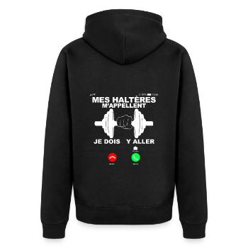 Mes haltères m'appellent cadeau humour sport - Veste à capuche bio Premium Unisexe - noir - Dos - Nico (187cm)