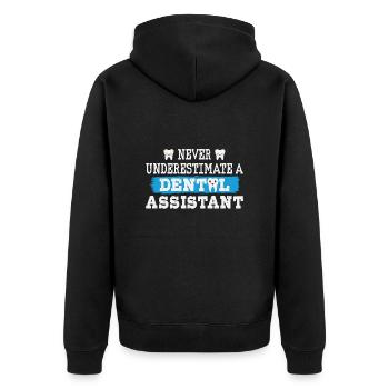 Unterschätze nie Zahnmedizinische Fachangestellte - Unisex Premium Bio Zip Hoodie - Schwarz - Hinten - Nico (187cm)
